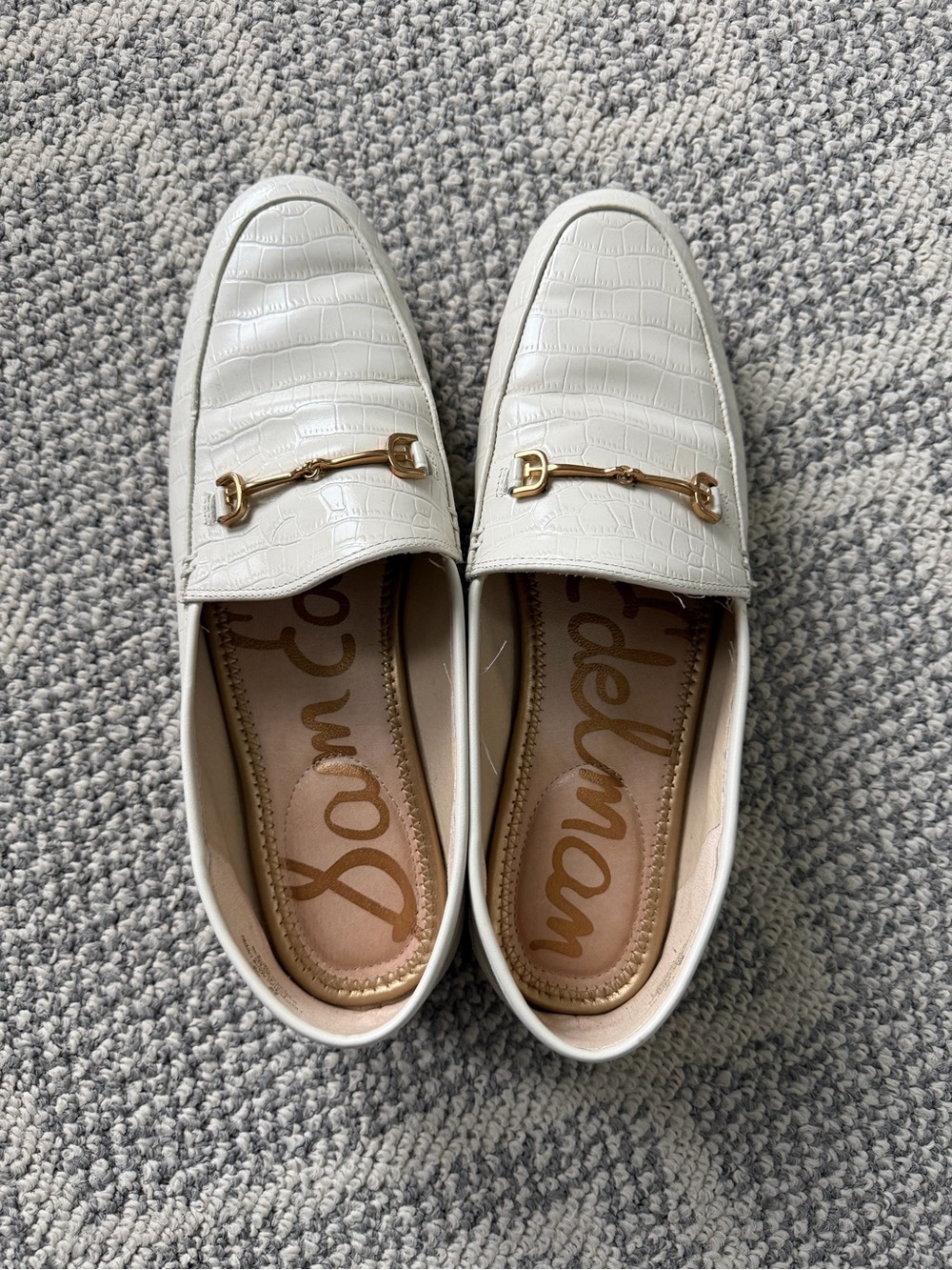 Sam Edelman Cream Croc-Embossed Loafers with Gold Hardware